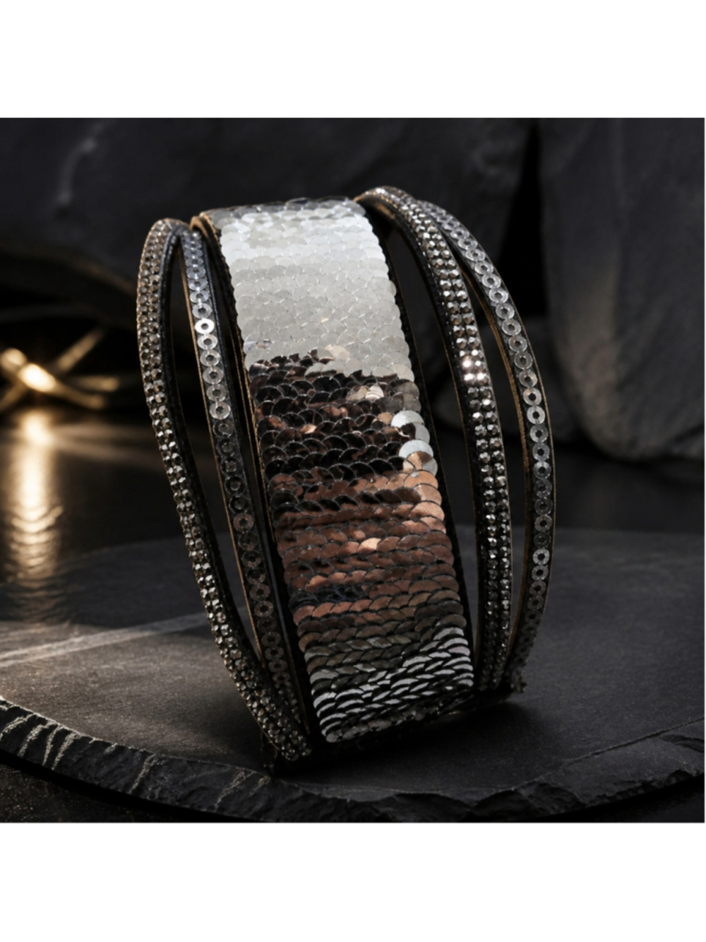 Vintage Y2K Buckle Sequin Cuff Bracelet, One Size Black and Silver Glam Punk EUC
